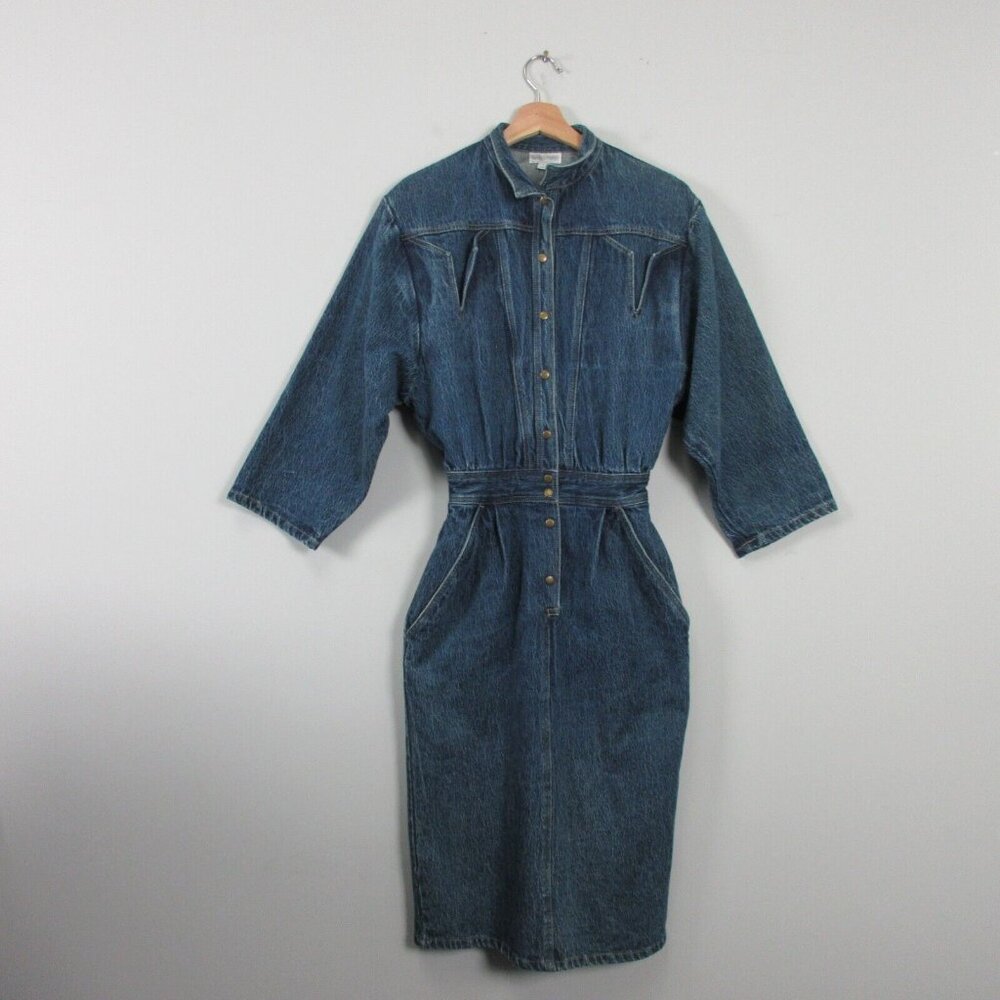 Vintage 80s Betsy's Thing Denim Jean Dress Tight Sexy Blue 7 S Midi Coastal 986